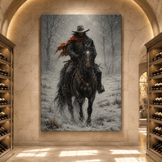 Lone Cowboy Riding Through Snow Wrapped Canvas Wall Art – Winter Western Horse Print - ART OF ROYALS