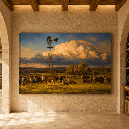 Cattle Herd and Windmill Wrapped Canvas Wall Art – Rustic Ranch Pasture Landscape Print - ART OF ROYALS