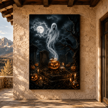 Haunted Graveyard Ghost Wrapped Canvas Wall Art – Gothic Halloween Pumpkin & Raven Print - ART OF ROYALS