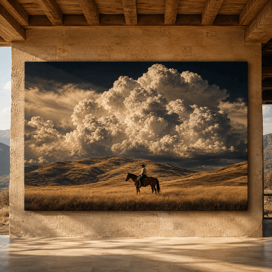 Lone Cowboy Beneath Storm Clouds Wrapped Canvas Wall Art – Western Prairie Horse Landscape Print - ART OF ROYALS