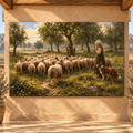 Shepherdess with Sheep & Sheepdog Wrapped Canvas Wall Art – Pastoral Farm Countryside Painting