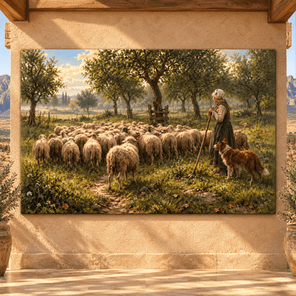 Shepherdess with Sheep & Sheepdog Wrapped Canvas Wall Art – Pastoral Farm Countryside Painting - ART OF ROYALS