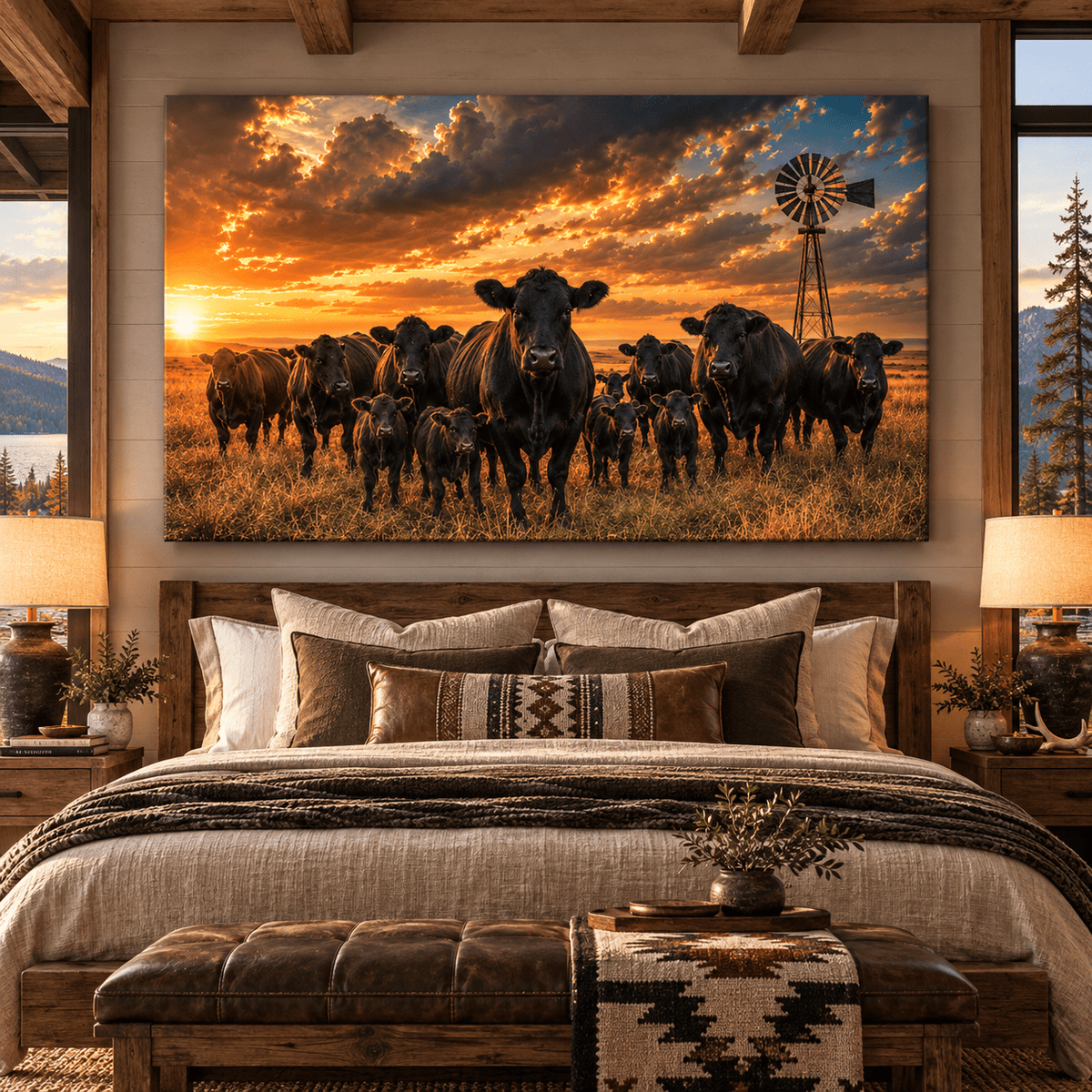Black Angus Cattle Herd at Sunset Wrapped Canvas Wall Art – Western Ranch Windmill Landscape - ART OF ROYALS