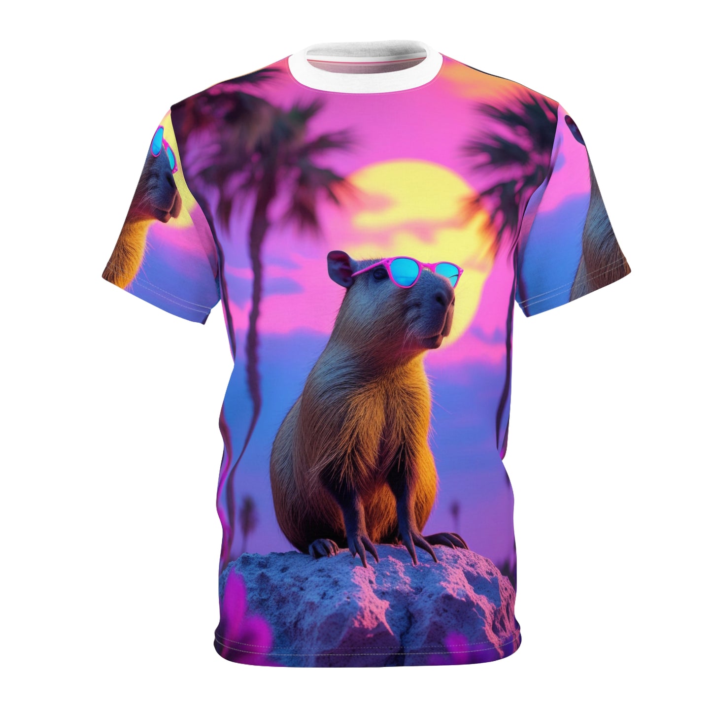 Capybara Sunsets – Retro Neon T-Shirt