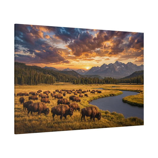 Majestic Bison Herd at Sunset – Mountain River Wilderness Canvas Wall Art