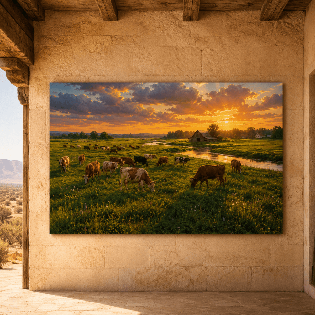 Cattle Grazing at Sunset Wrapped Canvas Wall Art – Rustic Farm Pasture &amp; Barn Landscape Print - ART OF ROYALS