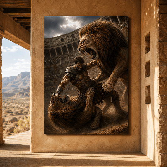 Gladiator Fighting Lions Wrapped Canvas Wall Art – Ancient Roman Colosseum Battle Print - ART OF ROYALS