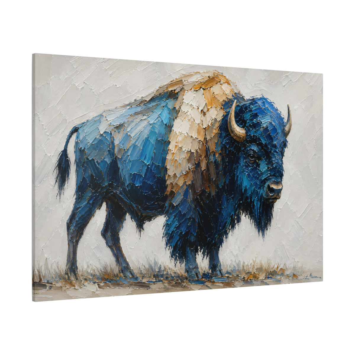 Blue Impasto Bison Wrapped Canvas Wall Art – Modern Minimalist Wildlife Painting Print - ART OF ROYALS