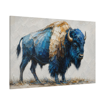 Blue Impasto Bison Wrapped Canvas Wall Art – Modern Minimalist Wildlife Painting Print - ART OF ROYALS