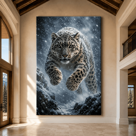Snow Leopard Leaping Through Snow Wrapped Canvas Wall Art – Powerful Winter Wildlife Print - ART OF ROYALS