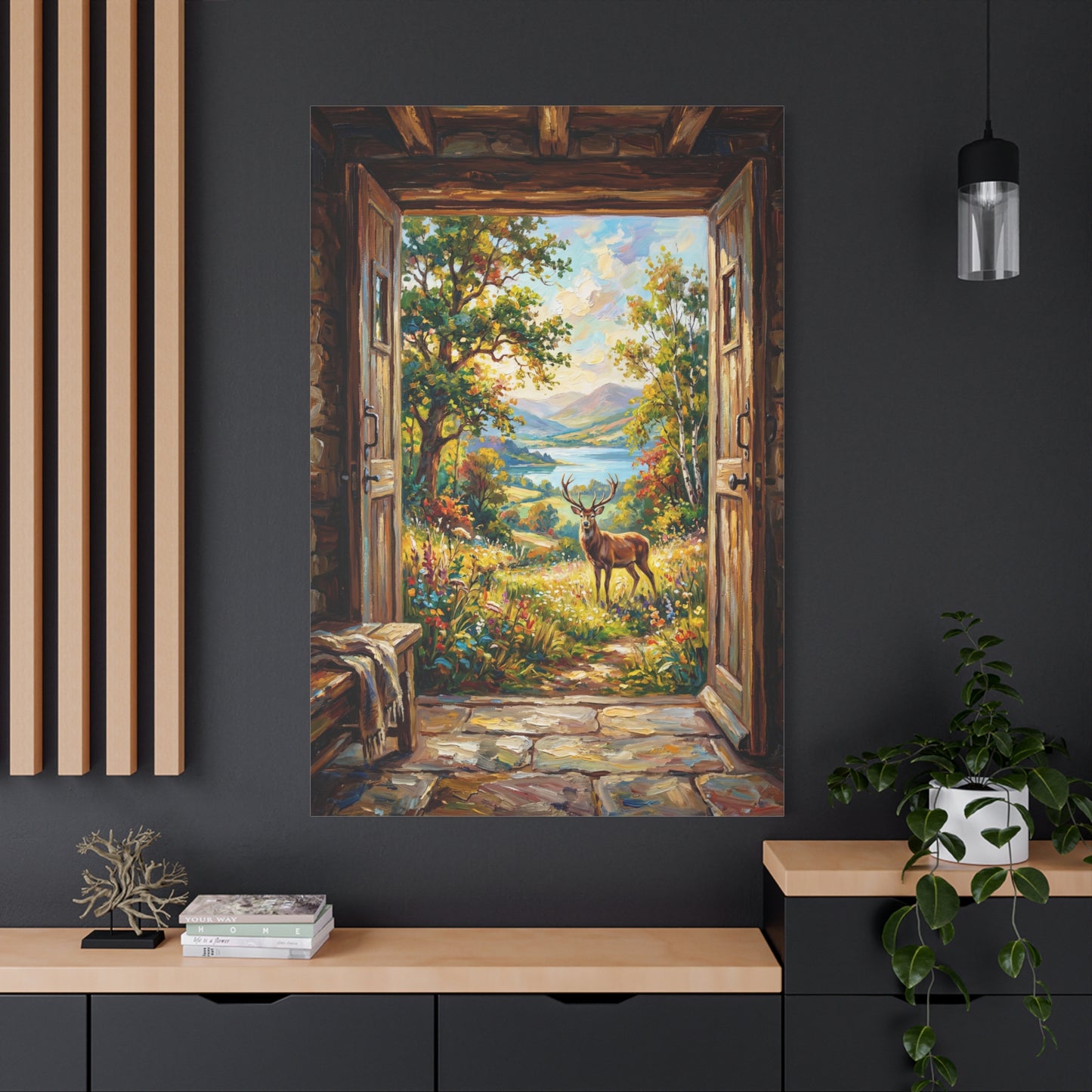 Open Door to Serenity – Rustic Countryside Deer Landscape Canvas Wall Art