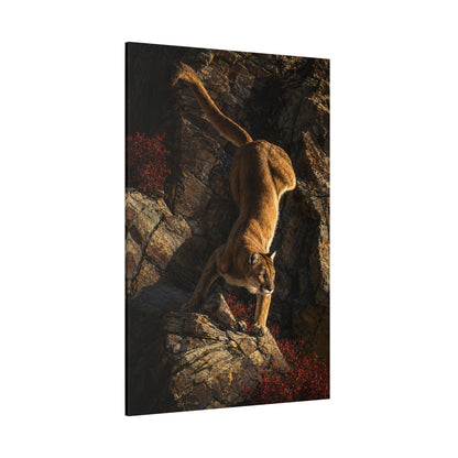 Cougar Descending Rocky Cliff Wrapped Canvas Wall Art – Autumn Wildlife Photography Print - ART OF ROYALS