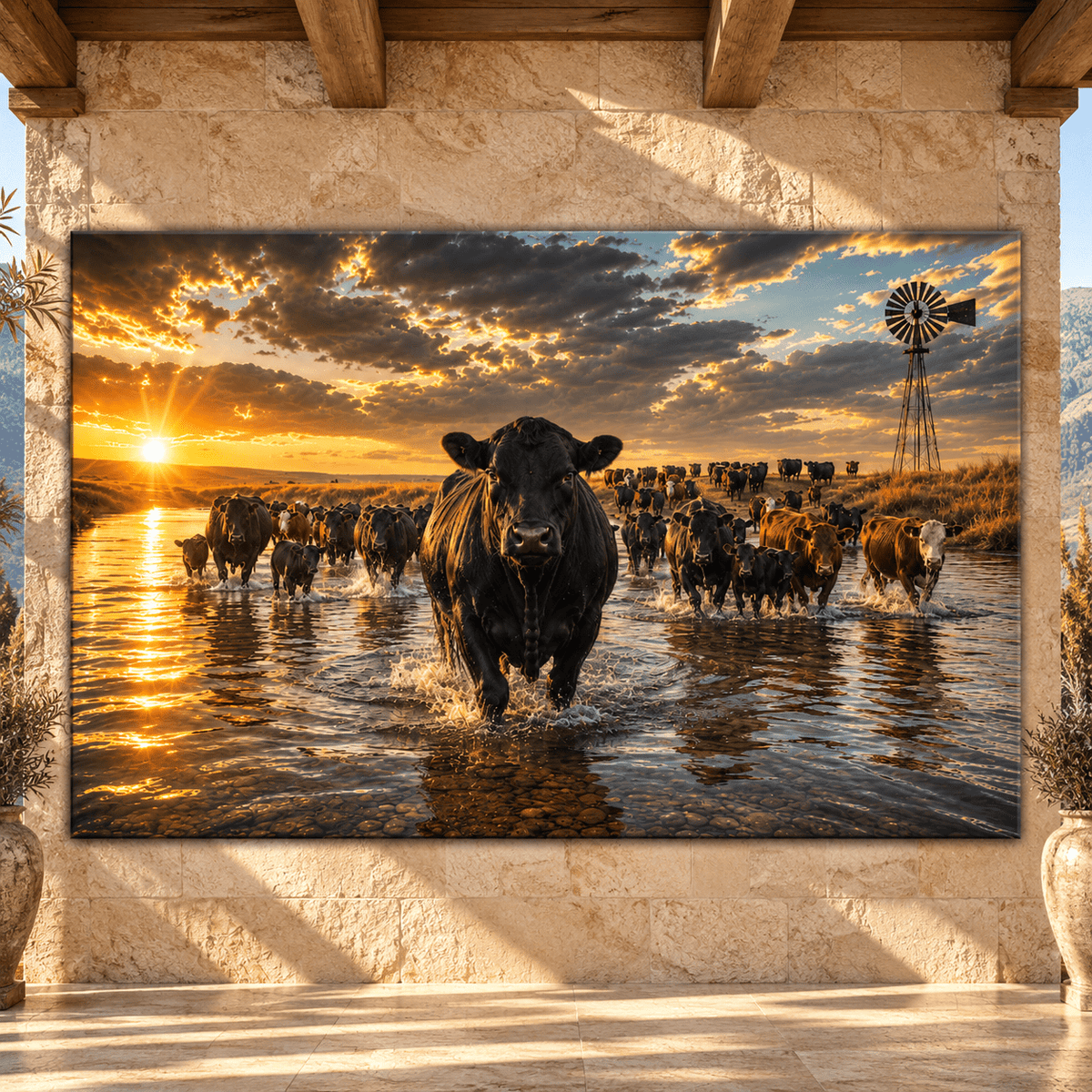 Black Angus Cattle Crossing River at Sunset Wrapped Canvas Wall Art – Western Ranch Herd & Windmill Landscape - ART OF ROYALS