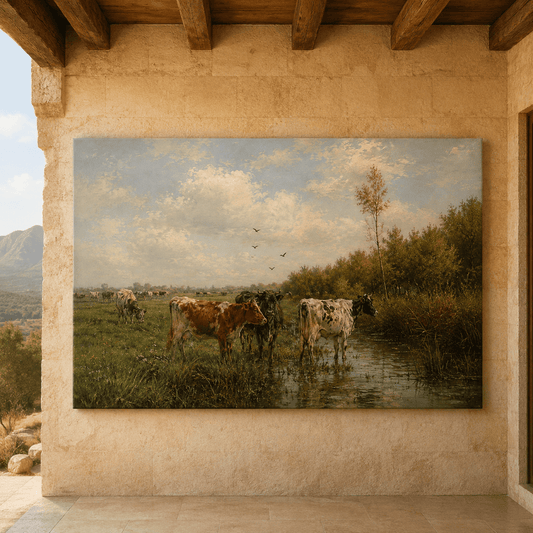Vintage Cattle Pasture Wrapped Canvas Wall Art – Rustic Cow Herd Countryside Landscape Print - ART OF ROYALS