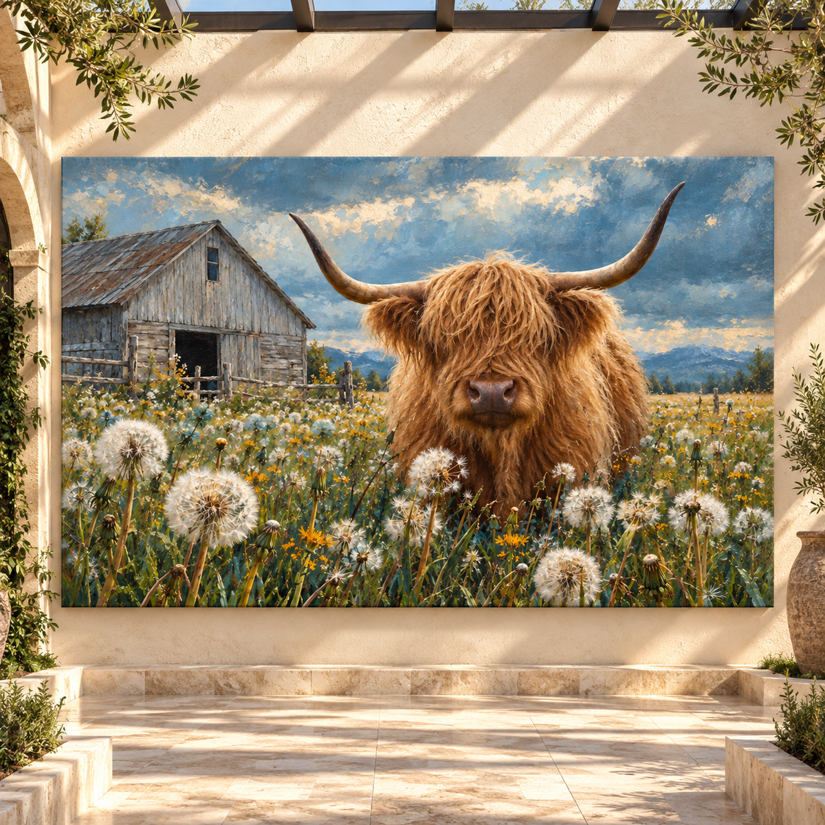 Highland Cow in Dandelion Meadow Wrapped Canvas Wall Art – Rustic Farmhouse Cattle & Barn Painting