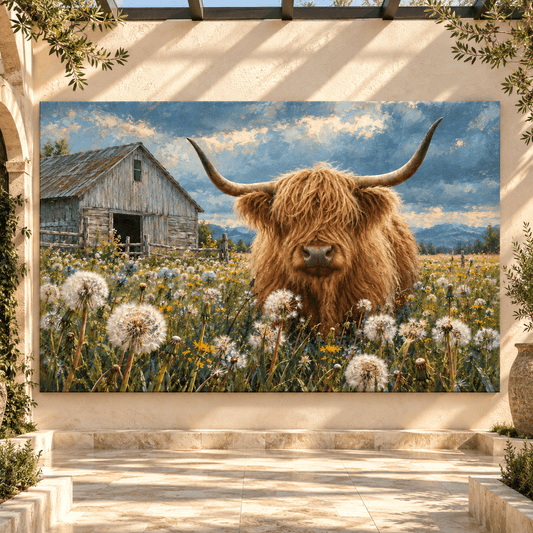 Highland Cow in Dandelion Meadow Wrapped Canvas Wall Art – Rustic Farmhouse Cattle & Barn Painting - ART OF ROYALS