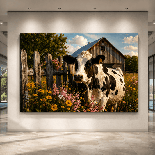 Holstein Cow in Wildflower Meadow Wrapped Canvas Wall Art – Rustic Farmhouse Barn & Cattle Print - ART OF ROYALS