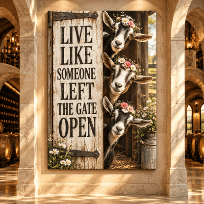 Funny Goats “Live Like Someone Left the Gate Open” Wrapped Canvas Wall Art – Rustic Farmhouse Goat Sign - ART OF ROYALS