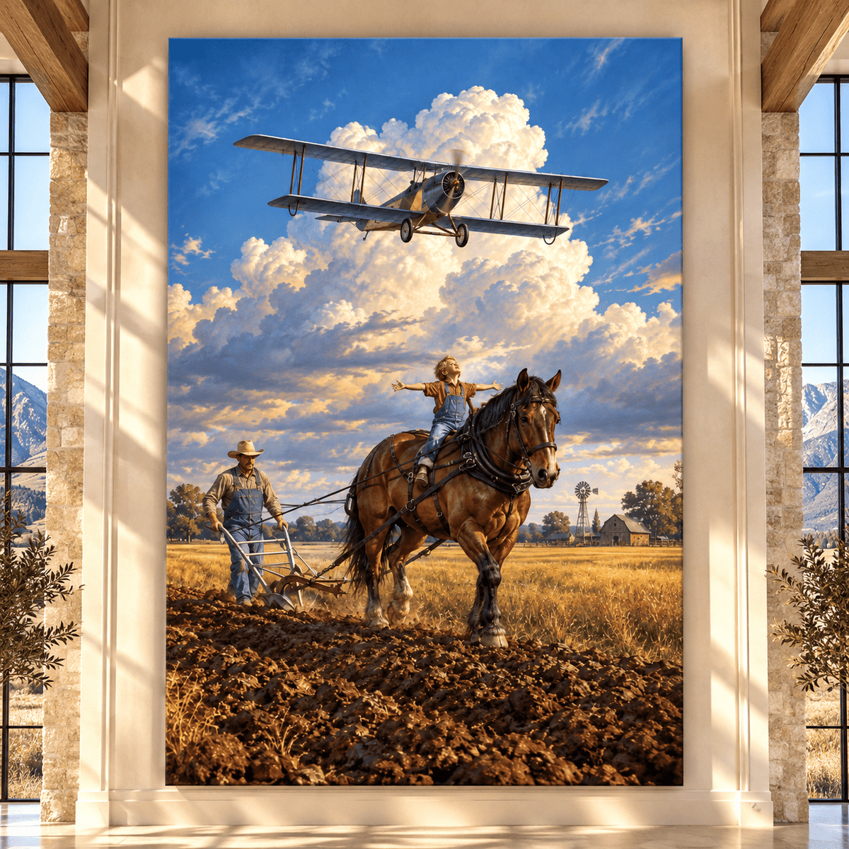 Horse-Drawn Plow & Vintage Biplane Wrapped Canvas Wall Art – Farm Heritage Aviation Print - ART OF ROYALS