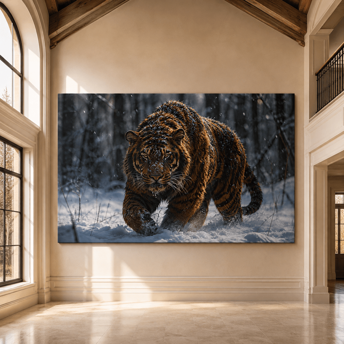 Tiger Walking Through Snow Wrapped Canvas Wall Art – Powerful Winter Wildlife Forest Print - ART OF ROYALS