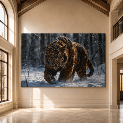 Tiger Walking Through Snow Wrapped Canvas Wall Art – Powerful Winter Wildlife Forest Print - ART OF ROYALS