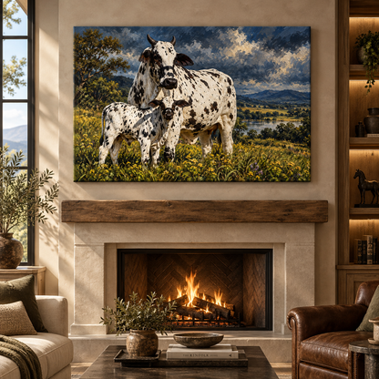 Spotted Brahman Cow & Calf Wrapped Canvas Wall Art – Western Cattle Family Painting