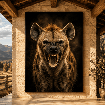Snarling Hyena Wrapped Canvas Wall Art – Fierce Spotted Hyena Wildlife Portrait Print - ART OF ROYALS