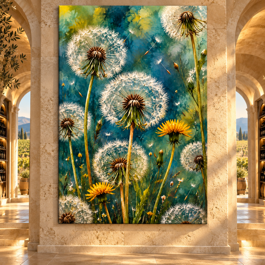 Teal Dandelion Wrapped Canvas Wall Art – Golden Yellow Wildflower Botanical Painting - ART OF ROYALS