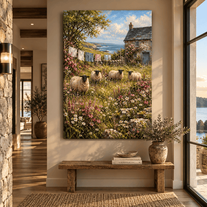 Coastal Sheep Cottage Wrapped Canvas Wall Art – Wildflower Meadow & Seaside Farmhouse Painting - ART OF ROYALS