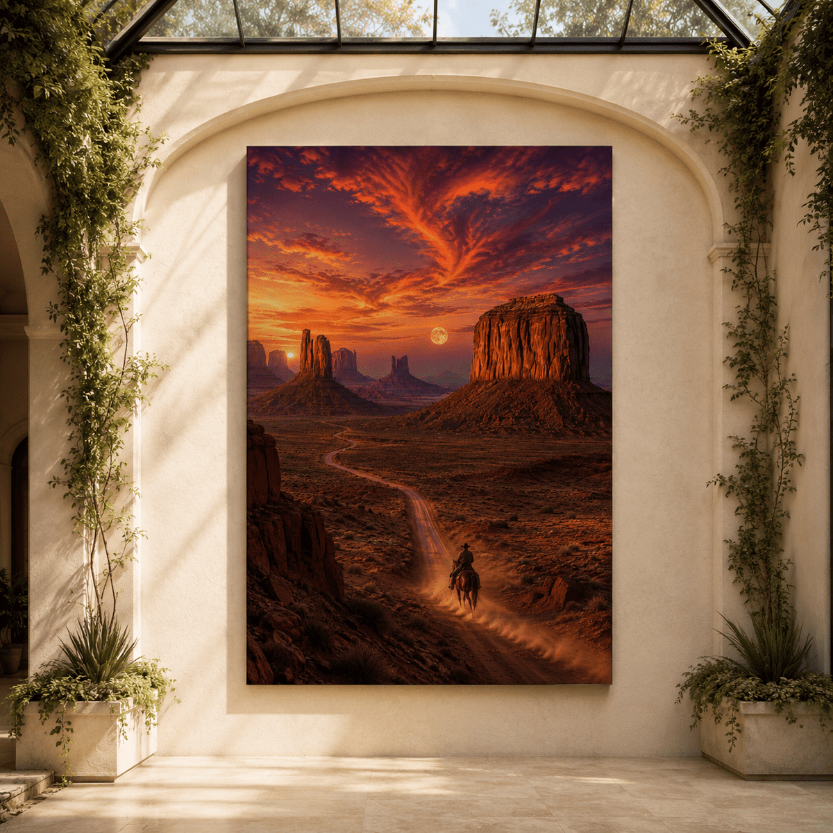 Lone Cowboy at Desert Sunset Wrapped Canvas Wall Art – Western Monument Valley Landscape Print - ART OF ROYALS