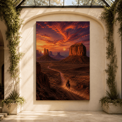 Lone Cowboy at Desert Sunset Wrapped Canvas Wall Art – Western Monument Valley Landscape Print - ART OF ROYALS