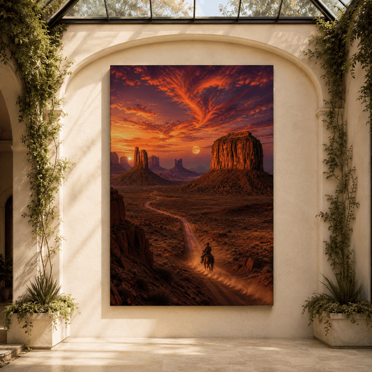 Lone Cowboy at Desert Sunset Wrapped Canvas Wall Art – Western Monument Valley Landscape Print - ART OF ROYALS