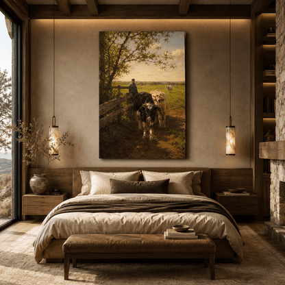 Vintage Cattle Pasture Wrapped Canvas Wall Art – Rustic Farm Cow & Herder Landscape Print - ART OF ROYALS