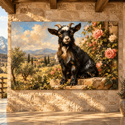 Black Goat in Tuscan Rose Garden Wrapped Canvas Wall Art – Rustic Mediterranean Farm Animal Painting