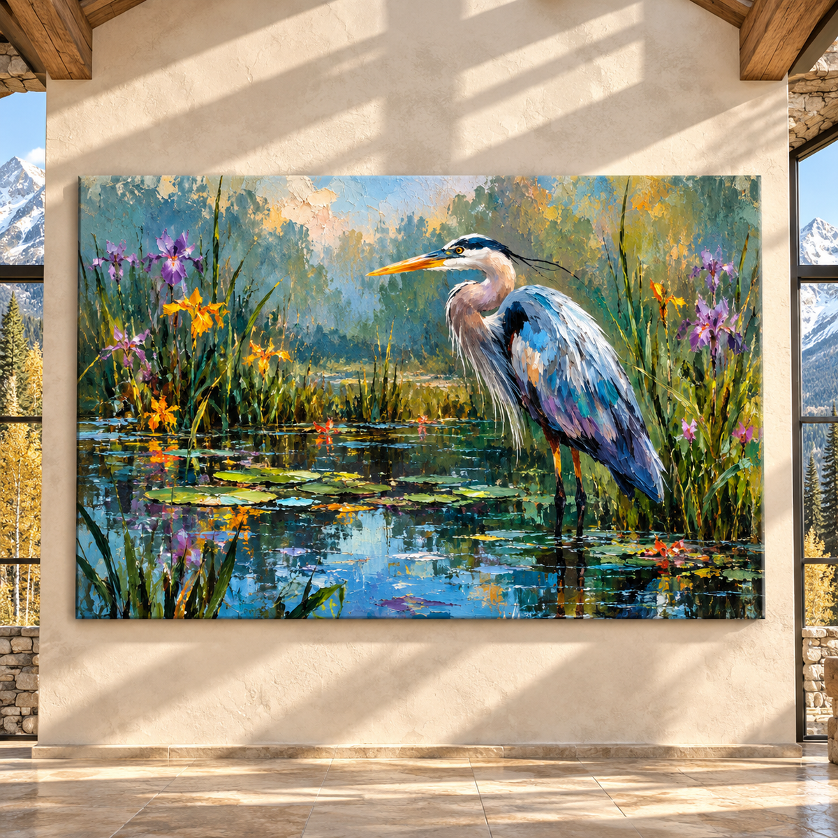 Great Blue Heron in Wildflower Marsh Wrapped Canvas Wall Art – Painterly Wetland Bird Landscape Print