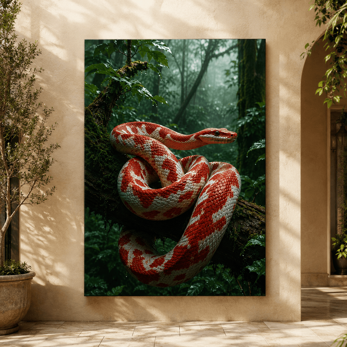 Red and White Snake Wrapped Canvas Wall Art – Rainforest Serpent Nature Print - ART OF ROYALS