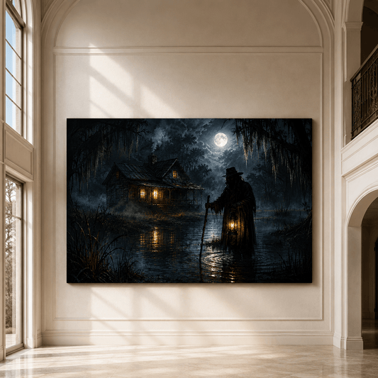 Mysterious Lantern Man in Moonlit Swamp Wrapped Canvas Wall Art – Dark Southern Gothic Cabin Print - ART OF ROYALS