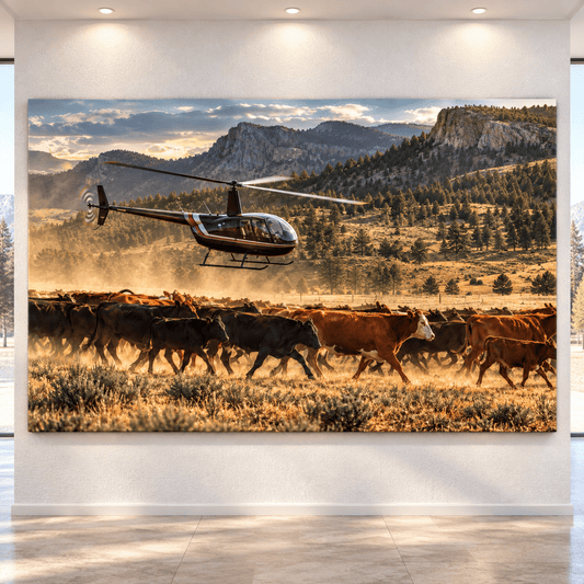 Helicopter Cattle Mustering Wrapped Canvas Wall Art – Ranch Herding Western Landscape Print - ART OF ROYALS