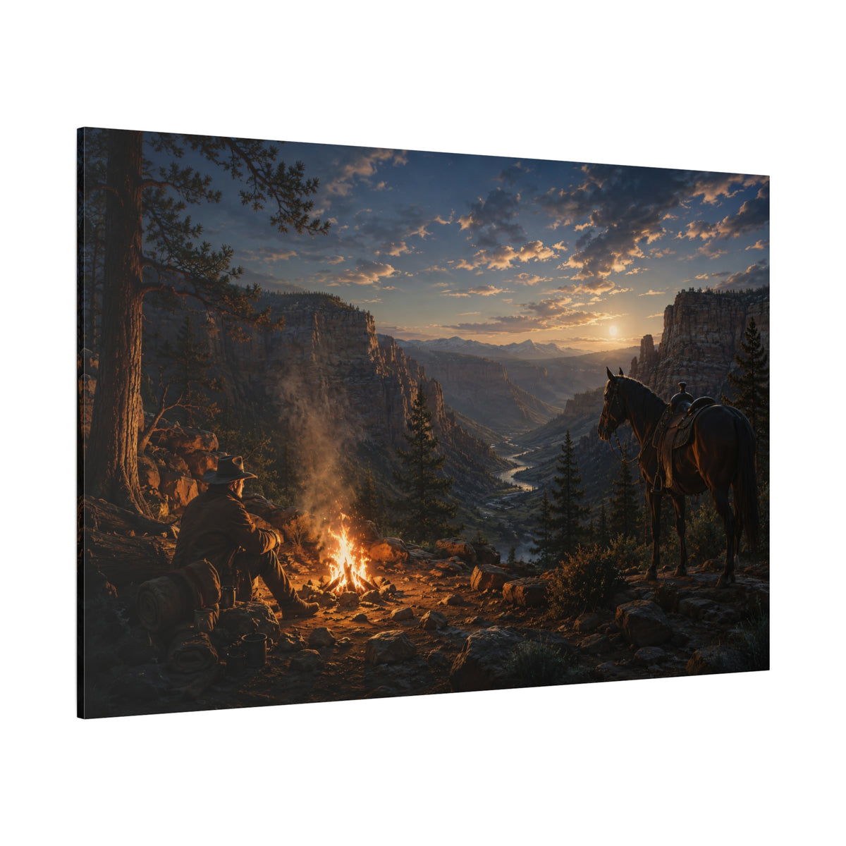 Canyon Camp – Cowboy Campfire at Sunset Canvas Wall Art - ART OF ROYALS