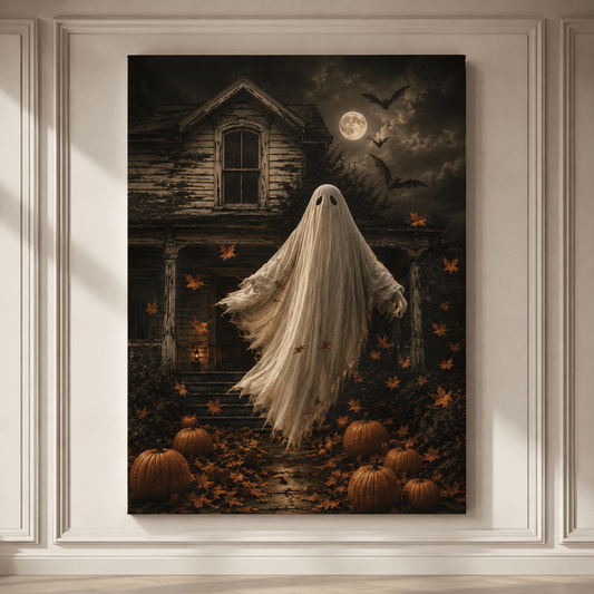 Floating Ghost at Haunted House Wrapped Canvas Wall Art – Vintage Halloween Pumpkin & Autumn Night Print - ART OF ROYALS