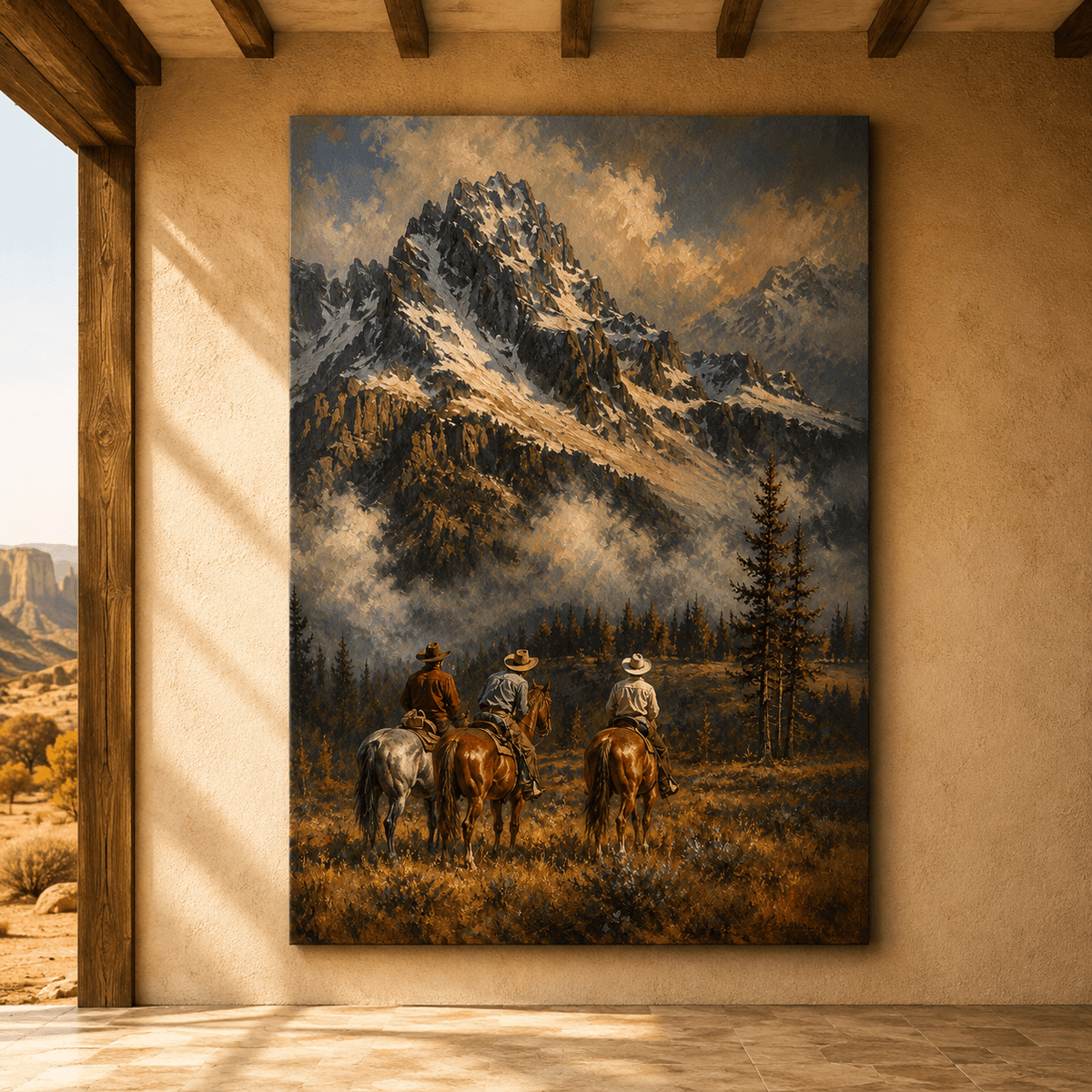 Three Cowboys Riding Toward Snow-Capped Mountains Wrapped Canvas Wall Art – Western Mountain Landscape Print - ART OF ROYALS