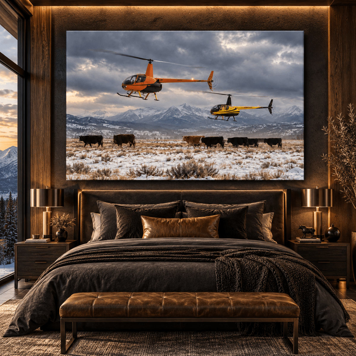 Two Helicopters Herding Cattle in Snowy Mountain Valley Wrapped Canvas Wall Art – Winter Ranch Aviation Print - ART OF ROYALS