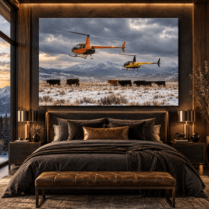 Two Helicopters Herding Cattle in Snowy Mountain Valley Wrapped Canvas Wall Art – Winter Ranch Aviation Print - ART OF ROYALS