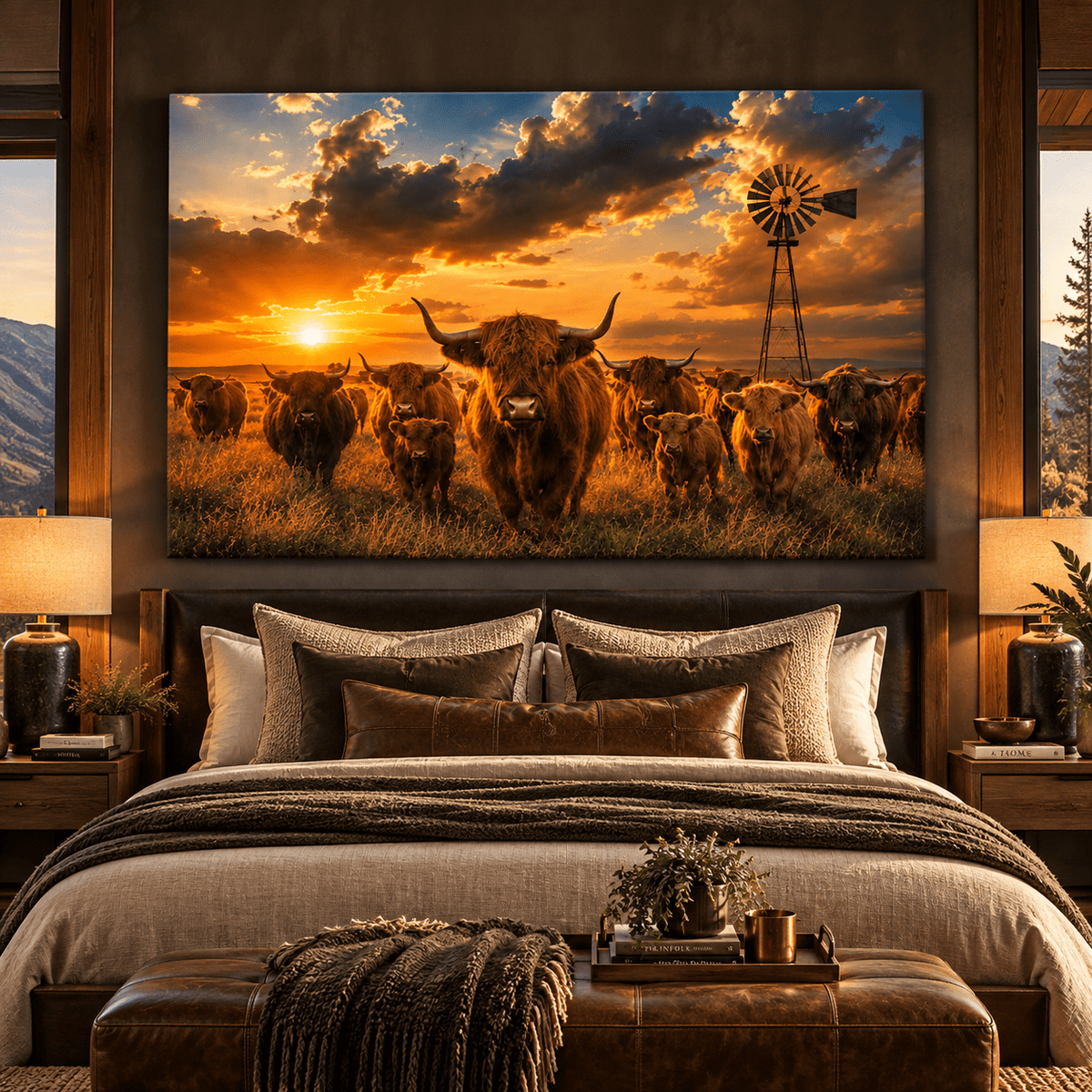 Highland Cattle Herd at Sunset Wrapped Canvas Wall Art – Rustic Western Ranch Landscape - ART OF ROYALS