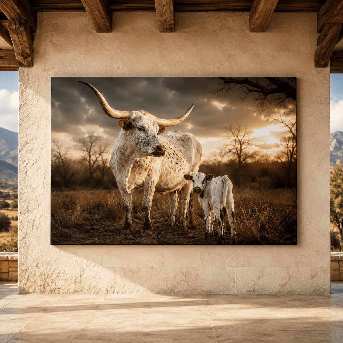 Texas Longhorn Cow & Calf Wrapped Canvas Wall Art – Rustic Western Ranch Cattle Print - ART OF ROYALS
