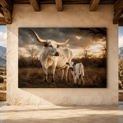 Texas Longhorn Cow & Calf Wrapped Canvas Wall Art – Rustic Western Ranch Cattle Print - ART OF ROYALS