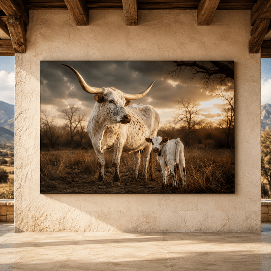 Texas Longhorn Cow & Calf Wrapped Canvas Wall Art – Rustic Western Ranch Cattle Print - ART OF ROYALS