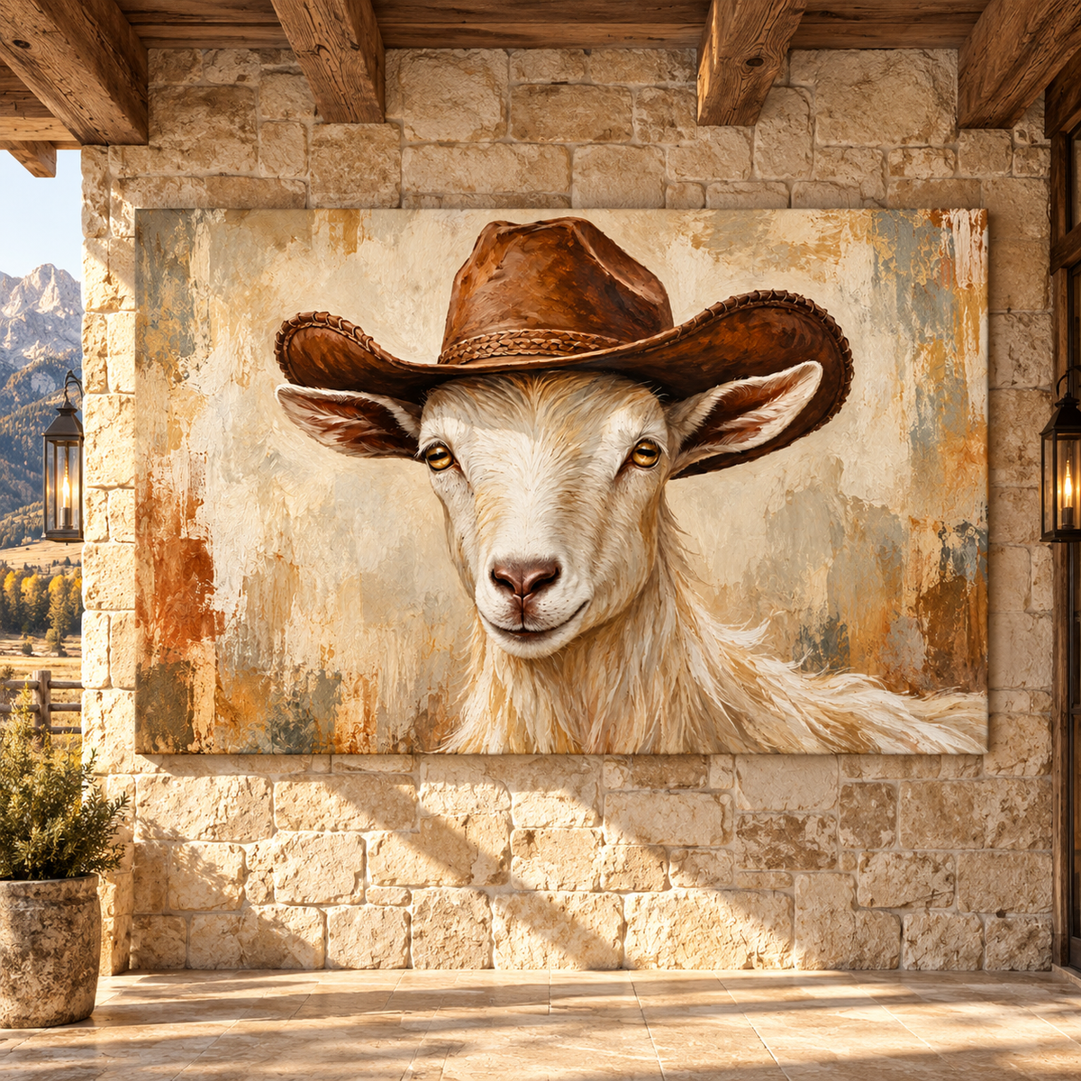 Funny Cowboy Goat Wrapped Canvas Wall Art – Western Farmhouse Goat Portrait