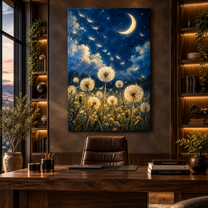 Dandelion Wishes Under Crescent Moon Wrapped Canvas Wall Art – Blue & Gold Celestial Wildflower Painting