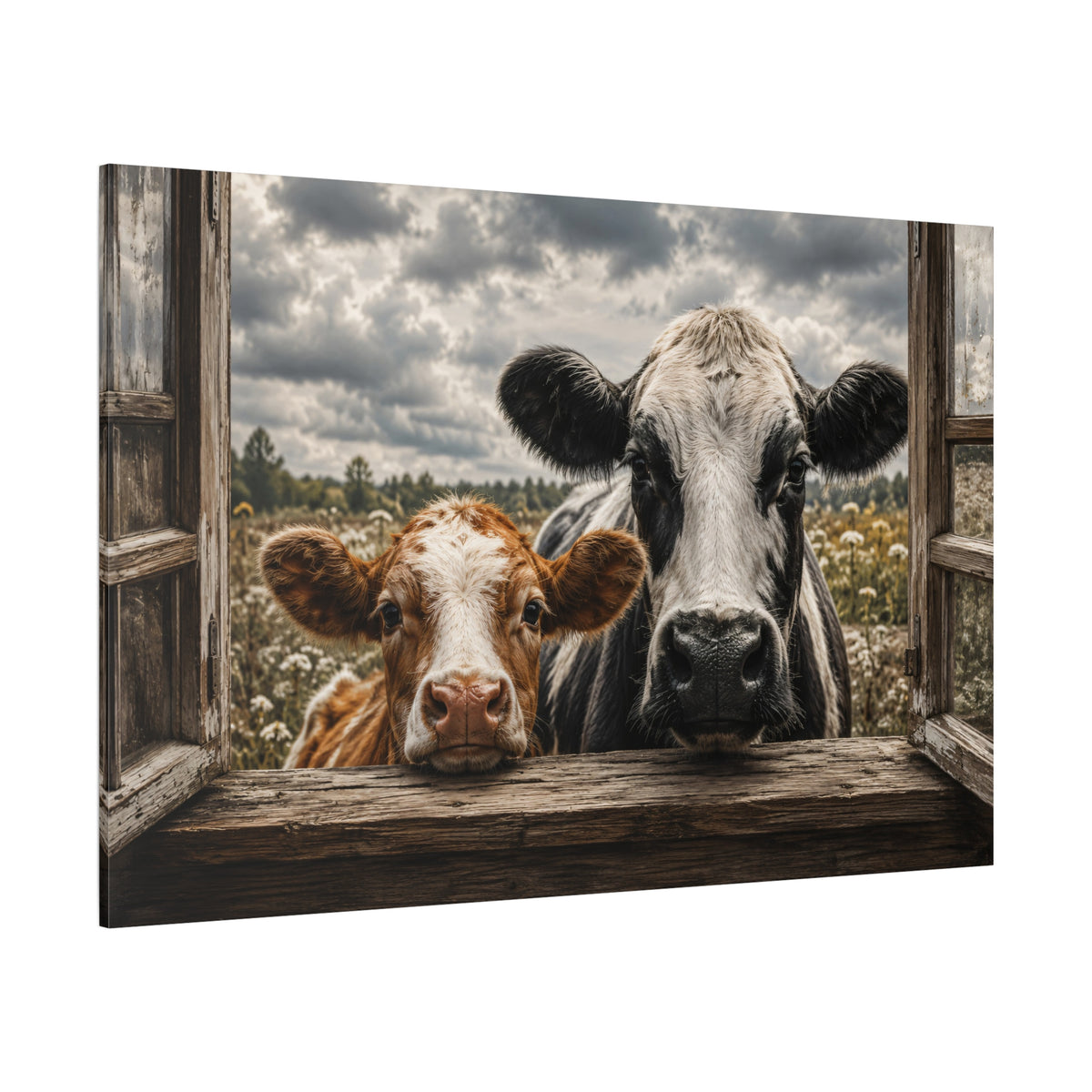 Curious Cows in Farmhouse Window Wrapped Canvas Wall Art – Rustic Photography Print - ART OF ROYALS